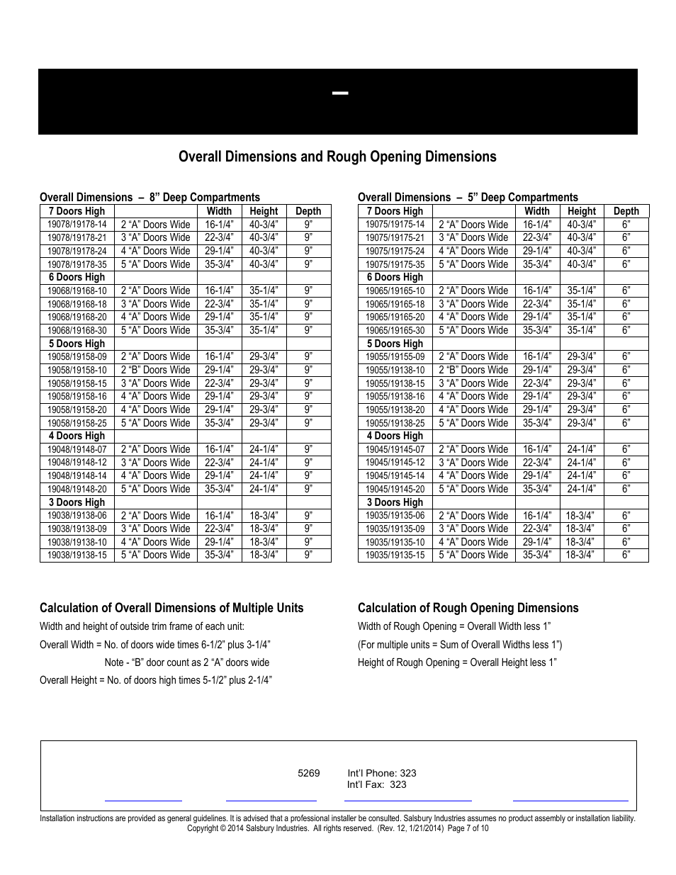 Recessed mounted installation instructions, Overall dimensions and rough opening dimensions | Salsbury Industries 19000 Series Cell Phone Lockers Surface Mounted User Manual | Page 7 / 10