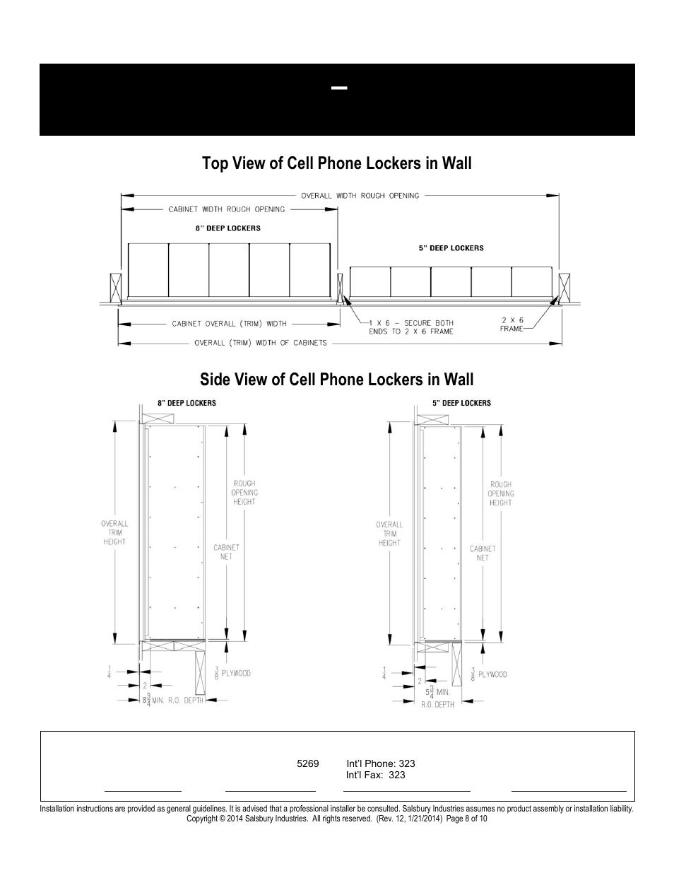 Recessed mounted installation instructions, Top view of cell phone lockers in wall, Side view of cell phone lockers in wall | Salsbury Industries 19000 Series Cell Phone Lockers Surface Mounted User Manual | Page 8 / 10