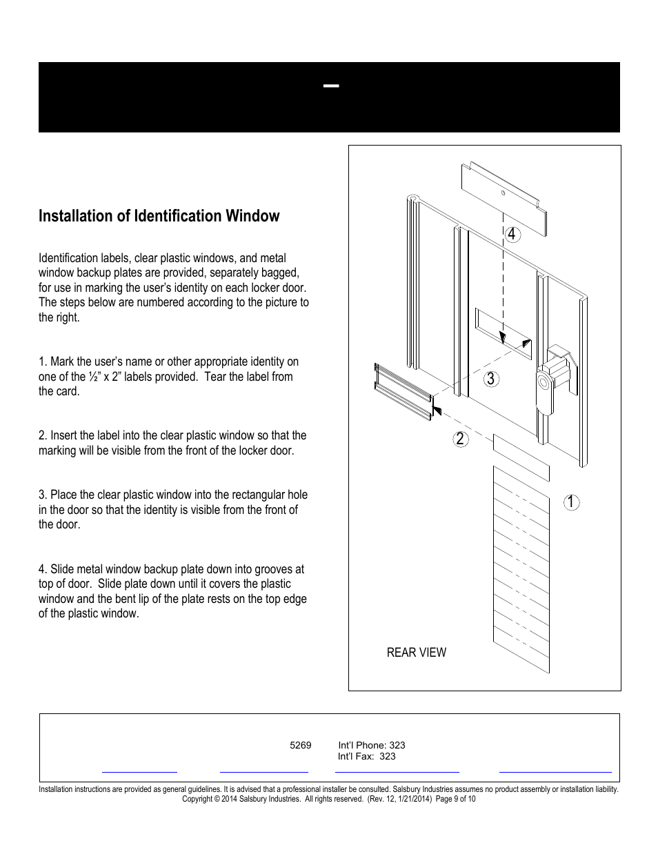 Identification window installation instructions, Installation of identification window | Salsbury Industries 19000 Series Cell Phone Lockers Surface Mounted User Manual | Page 9 / 10