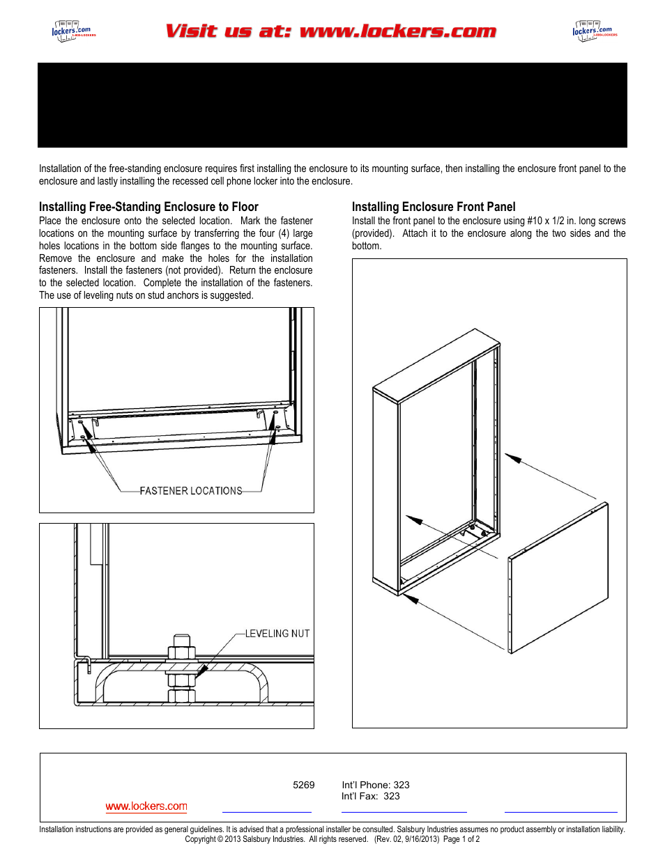 Salsbury Industries 19900 Free-Standing Enclosures For 19000/19100 Series Recessed Mounted Cell Phone Lockers User Manual | 2 pages