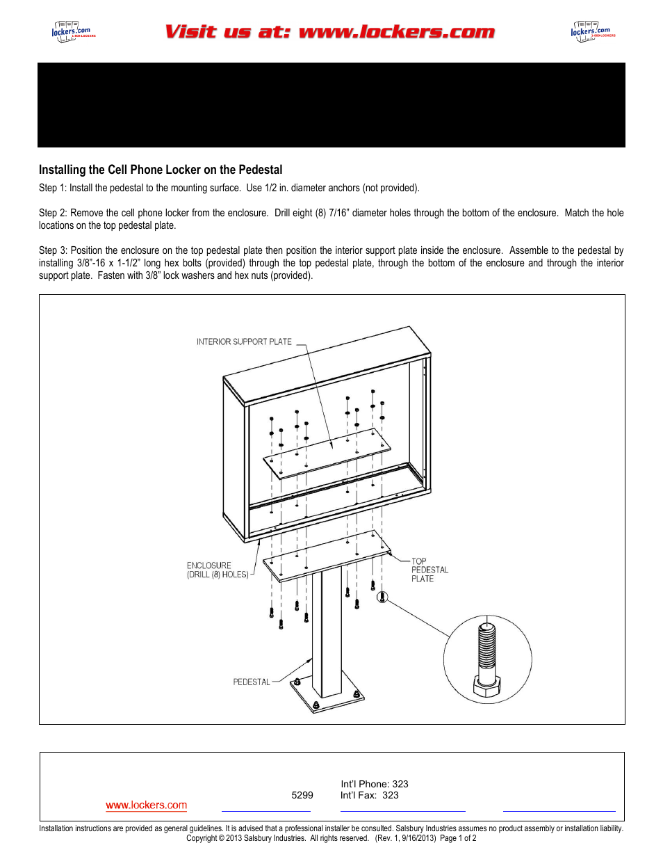 Salsbury Industries Cell Phone Locker Pedestal For Select 19000/19100 Series Surface Mounted Cell Phone Lockers User Manual | 2 pages