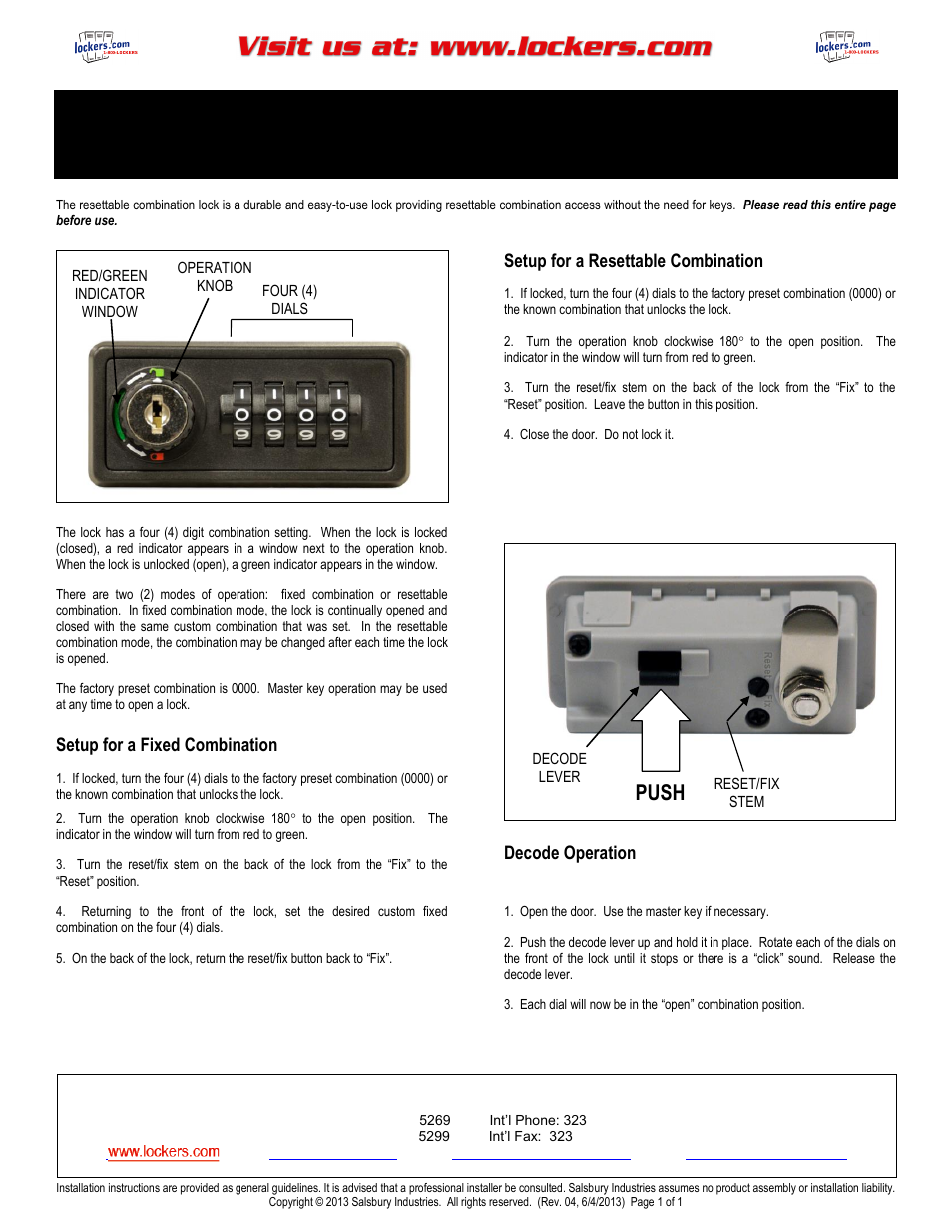 Salsbury Industries 19986 Resettable Combination Lock User Manual | 1 page