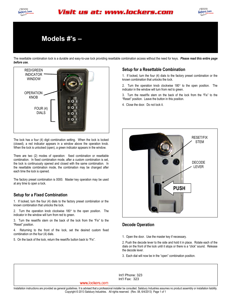 Salsbury Industries 3095 Resettable Combination Lock User Manual | 1 page