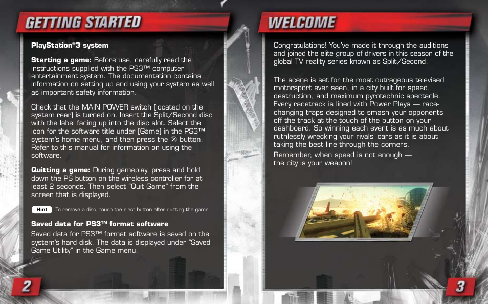 Getting started, Welcome | Disney Interactive Studios Split/Second for Playstation 3 User Manual | Page 3 / 5