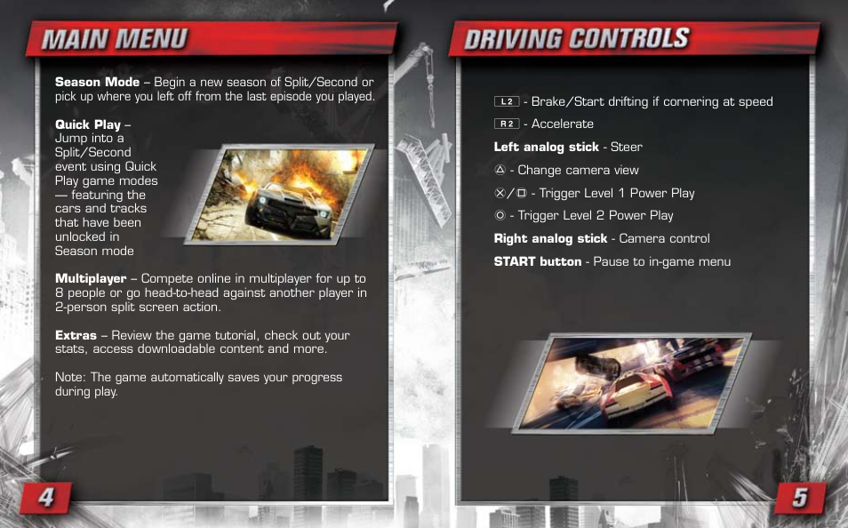Main menu, Driving controls | Disney Interactive Studios Split/Second for Playstation 3 User Manual | Page 4 / 5