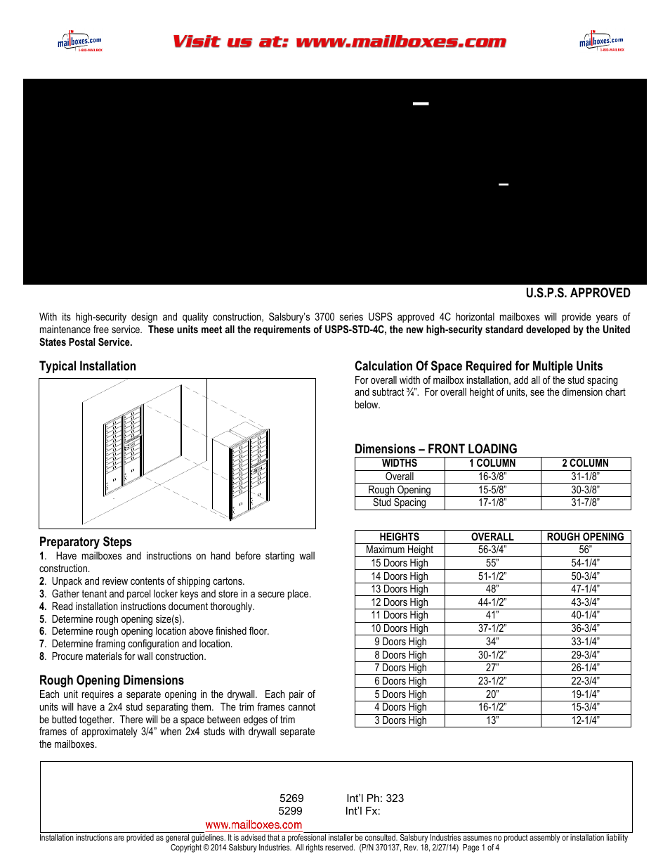 Salsbury Industries 3700 Series 4C Horizontal Mailboxes FRONT LOADING User Manual | 4 pages