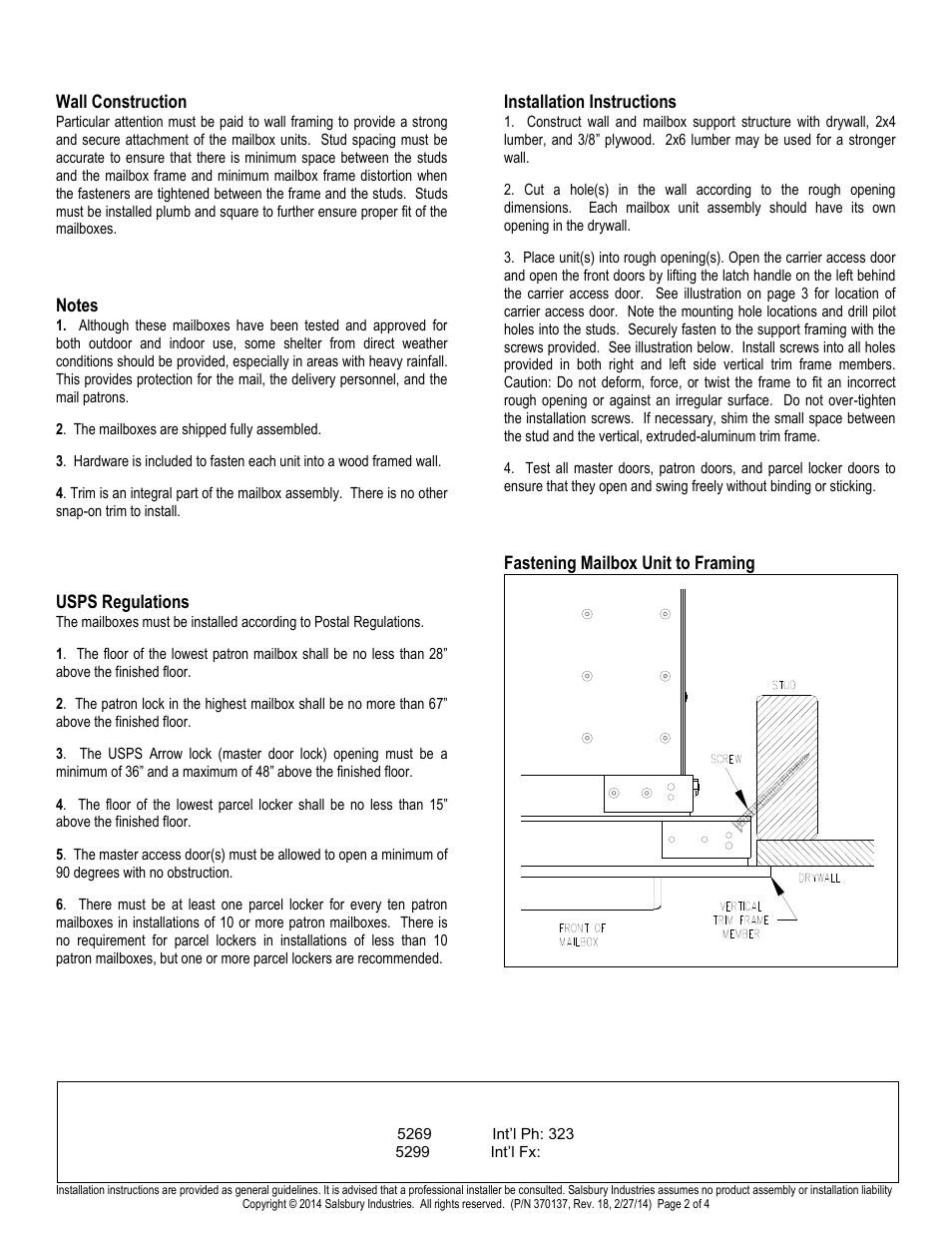 Salsbury industries, Wall construction, Usps regulations | Installation instructions, Fastening mailbox unit to framing | Salsbury Industries 3700 Series 4C Horizontal Mailboxes FRONT LOADING User Manual | Page 2 / 4