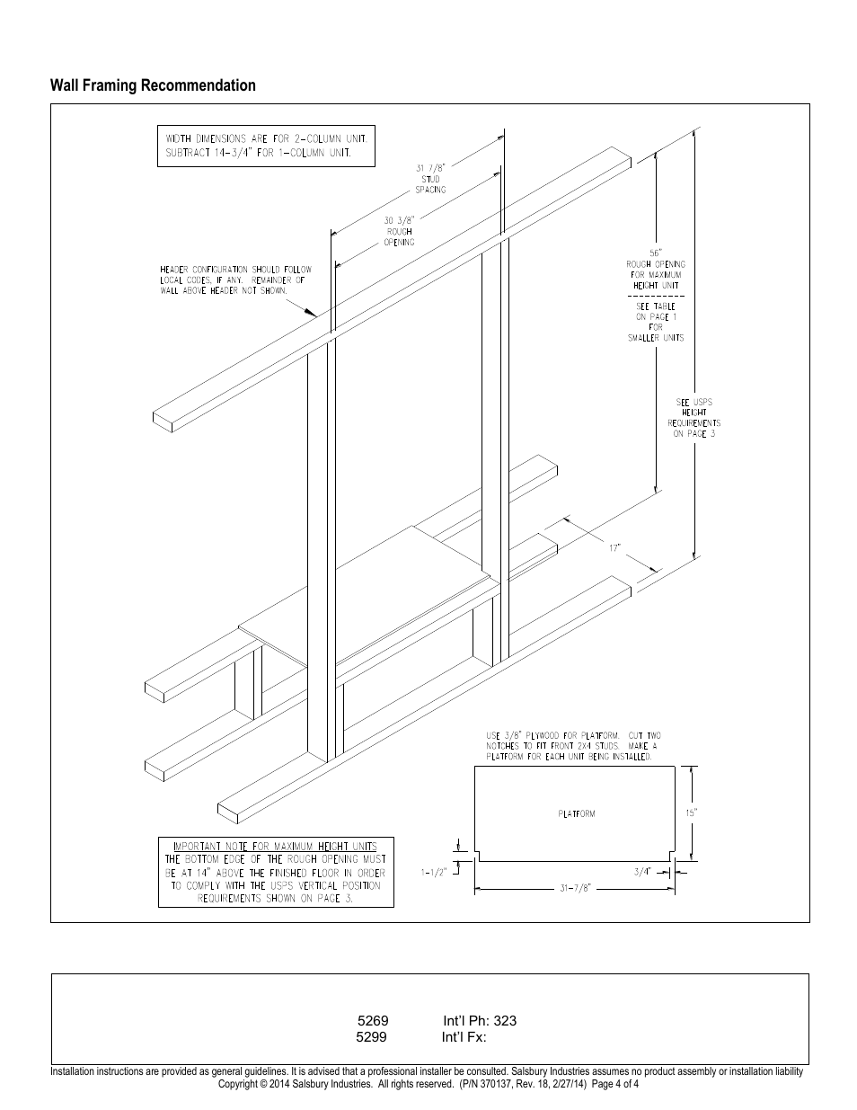 Salsbury industries, Wall framing recommendation | Salsbury Industries 3700 Series 4C Horizontal Mailboxes FRONT LOADING User Manual | Page 4 / 4