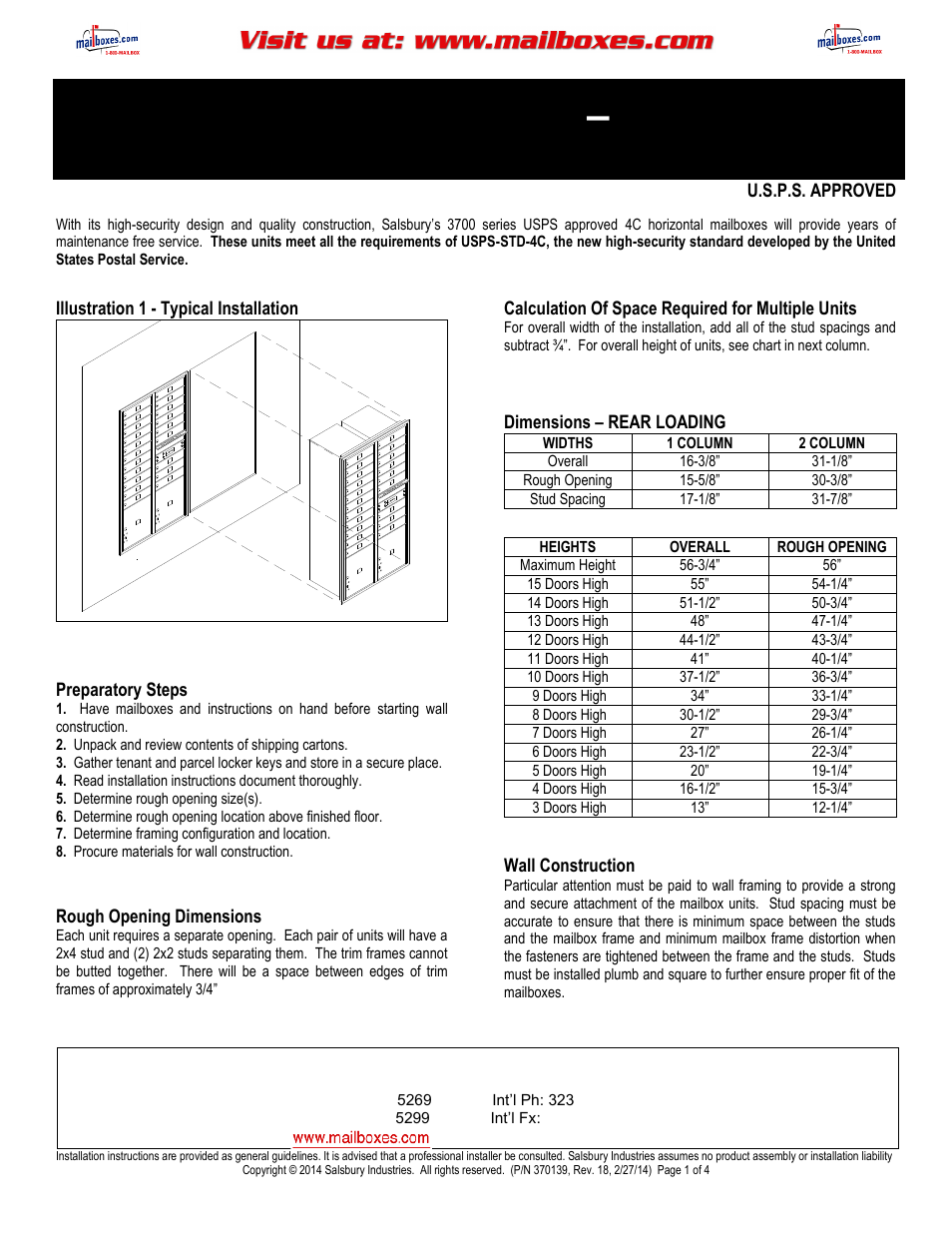 Salsbury Industries 3700 Series 4C Horizontal Mailboxes REAR LOADING User Manual | 4 pages