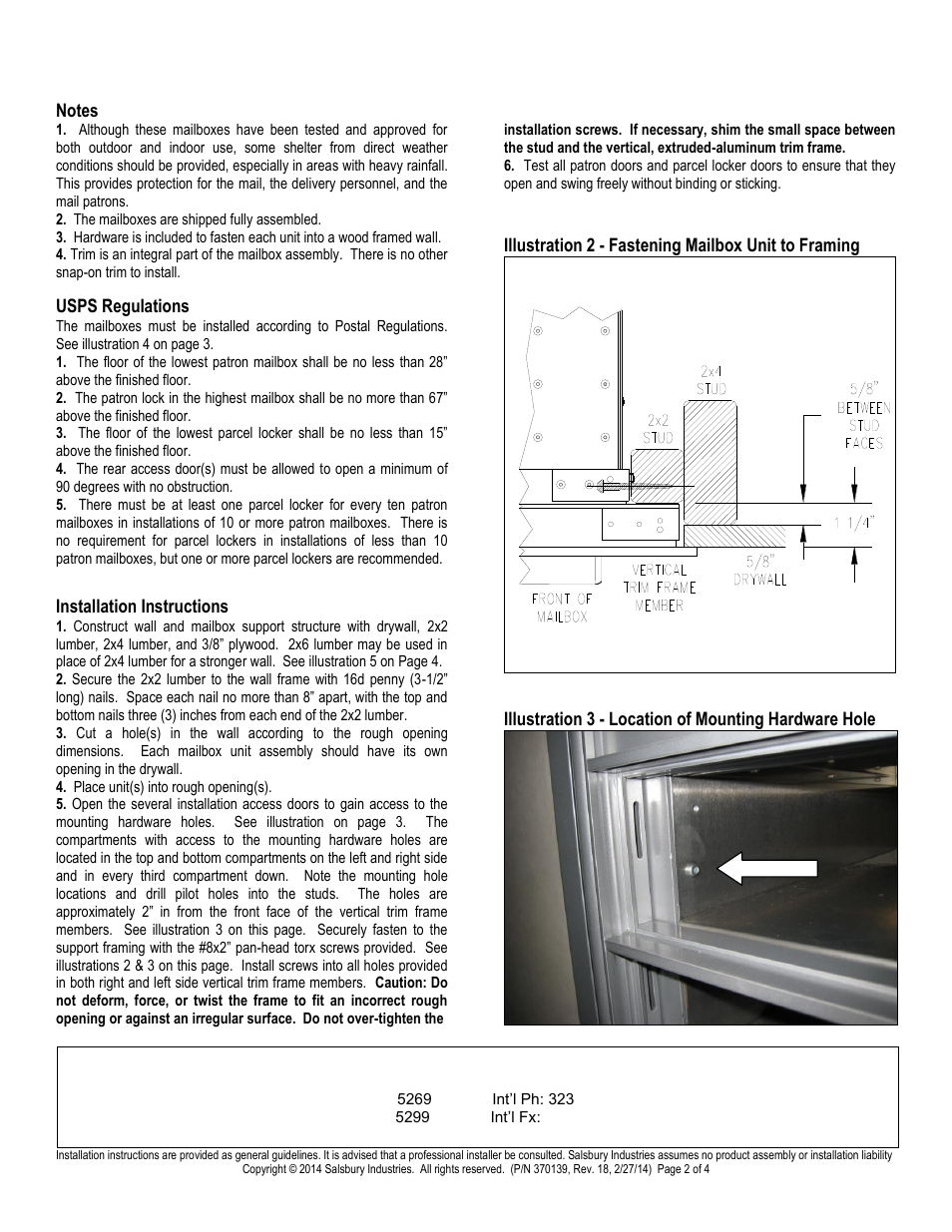 Salsbury industries | Salsbury Industries 3700 Series 4C Horizontal Mailboxes REAR LOADING User Manual | Page 2 / 4
