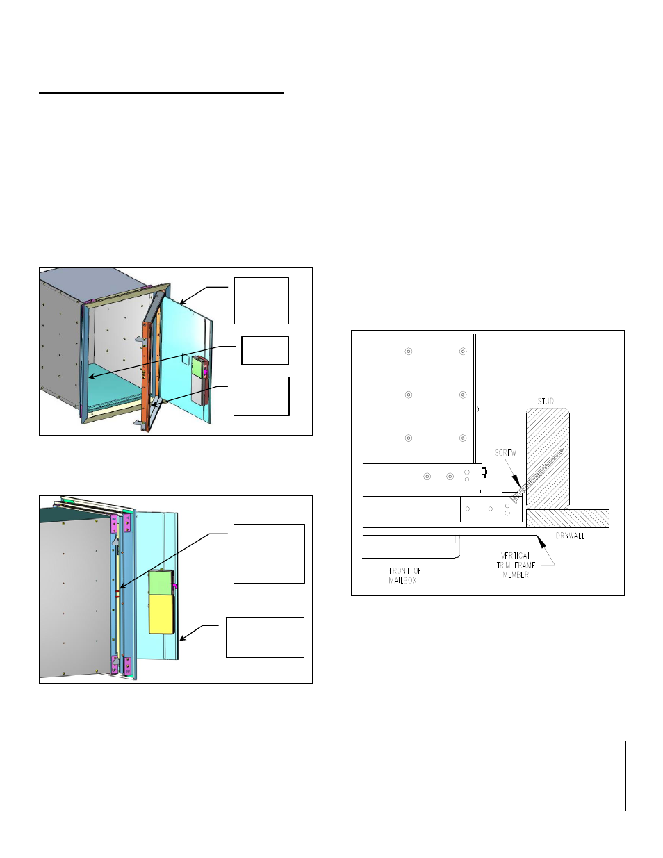 Salsbury industries, This page for front loading units only, Parcel locker installation | Illustration 2 - door and trim frame location, Illustration 3 - rear view showing lockbar screws, Illustration 4 - fastening mailbox unit to framing | Salsbury Industries 3700 Series 4C Horizontal Mailboxes Single Parcel Lockers FRONT LOADING and REAR LOADING User Manual | Page 2 / 5