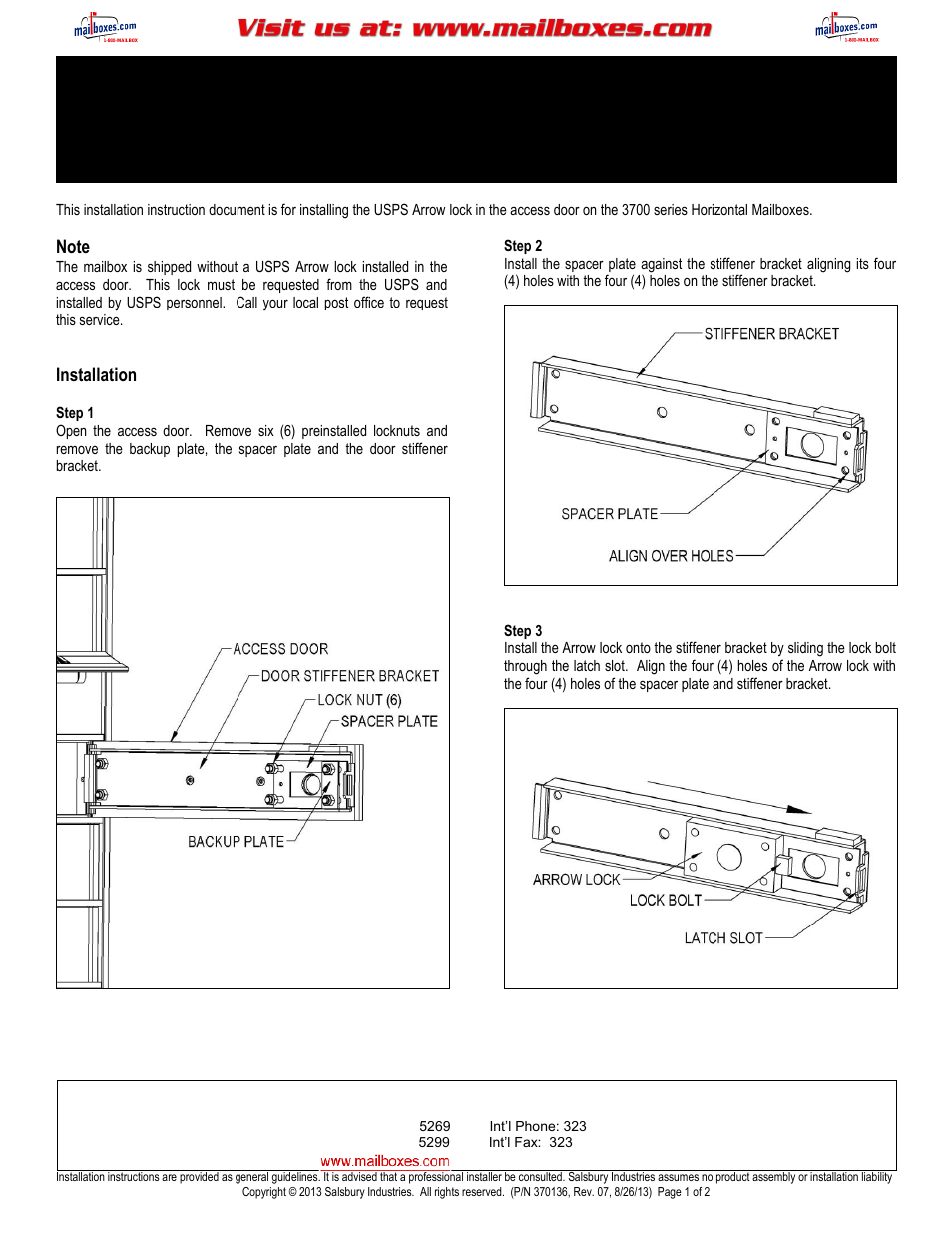 Salsbury Industries 3700 Series Horizontal Mailboxes ACCESS DOOR ARROW LOCK User Manual | 2 pages
