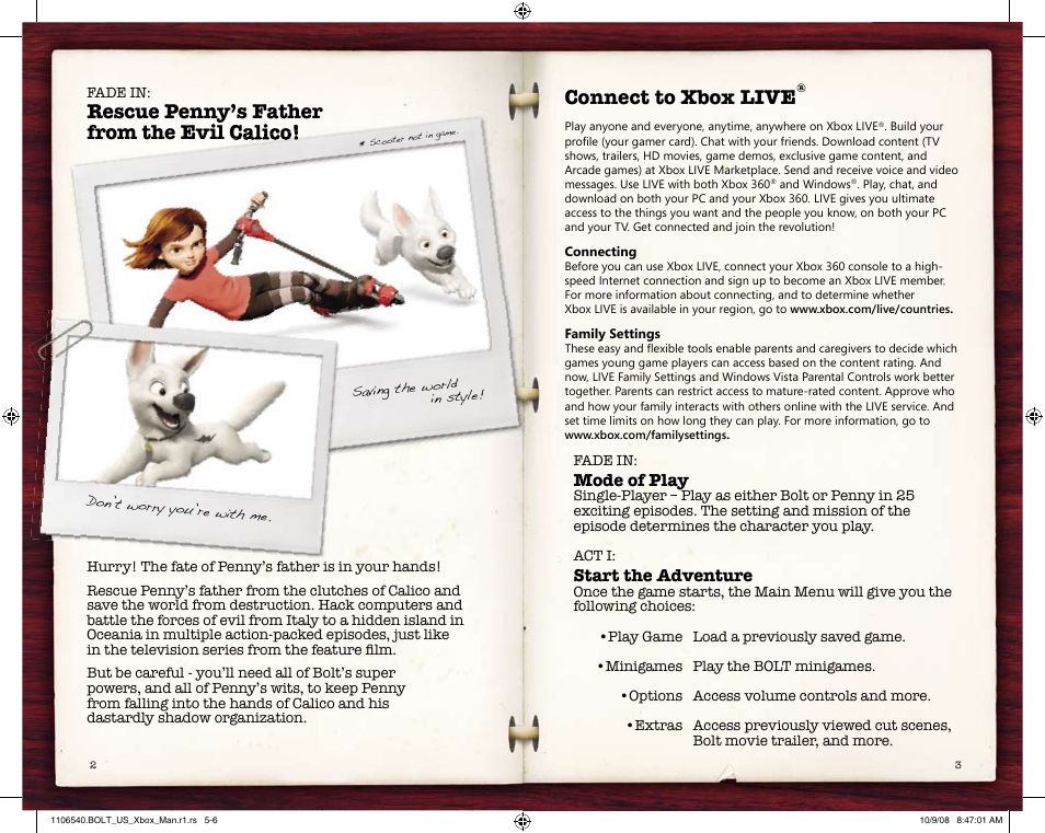 Rescue penny’s father from the evil calico, Connect to xbox live, Mode of play | Start the adventure | Disney Interactive Studios Bolt for Xbox 360 User Manual | Page 3 / 6