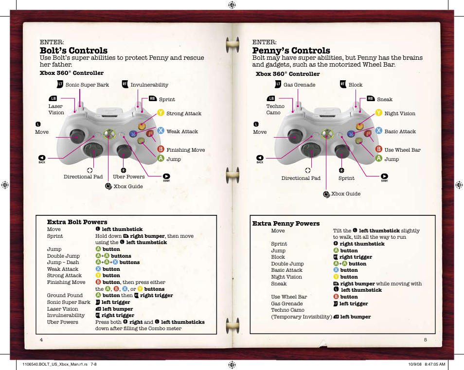 Penny’s controls, Bolt’s controls | Disney Interactive Studios Bolt for Xbox 360 User Manual | Page 4 / 6