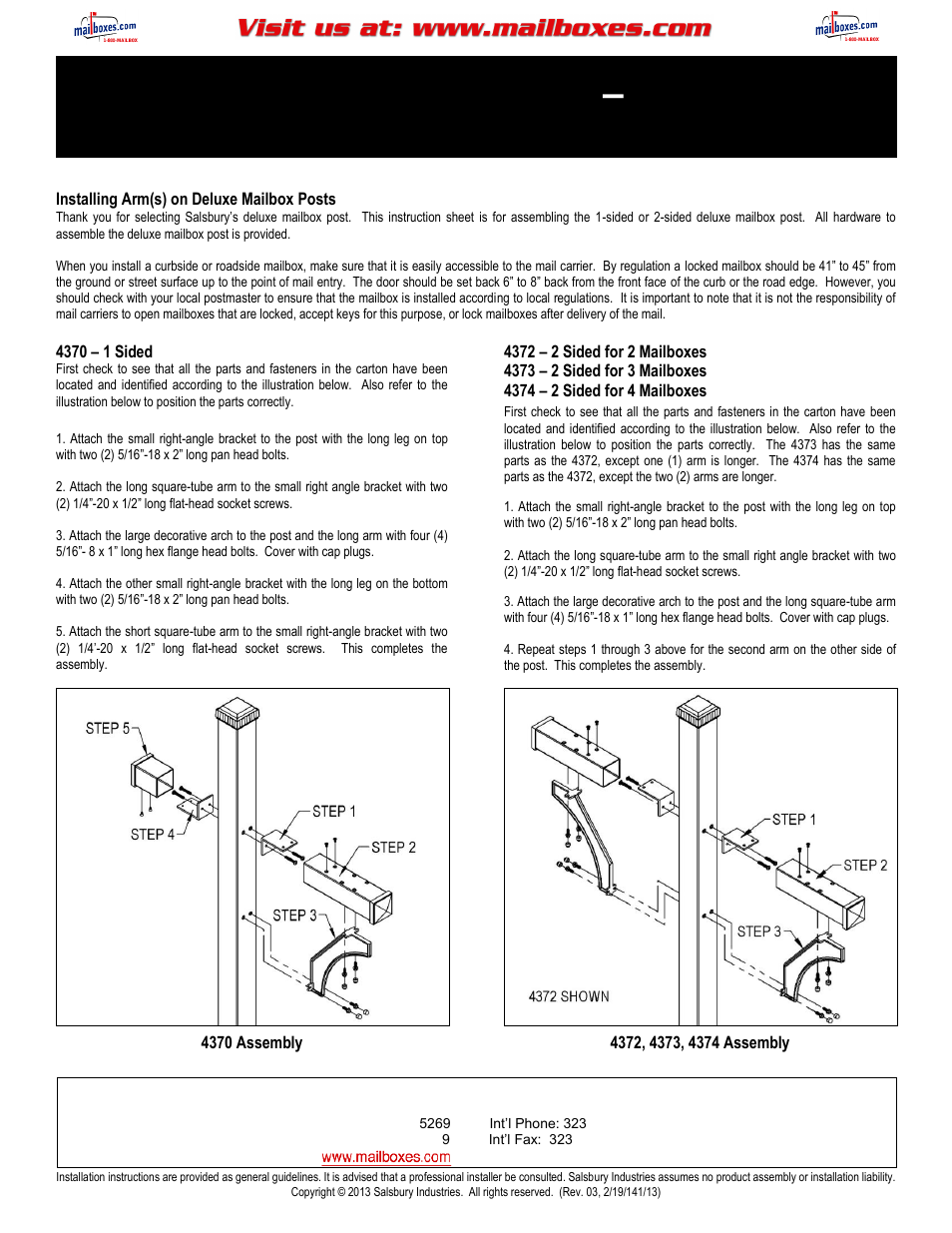 Salsbury Industries 4325 Roadside Mailboxes Deluxe Mailbox Post User Manual | 2 pages