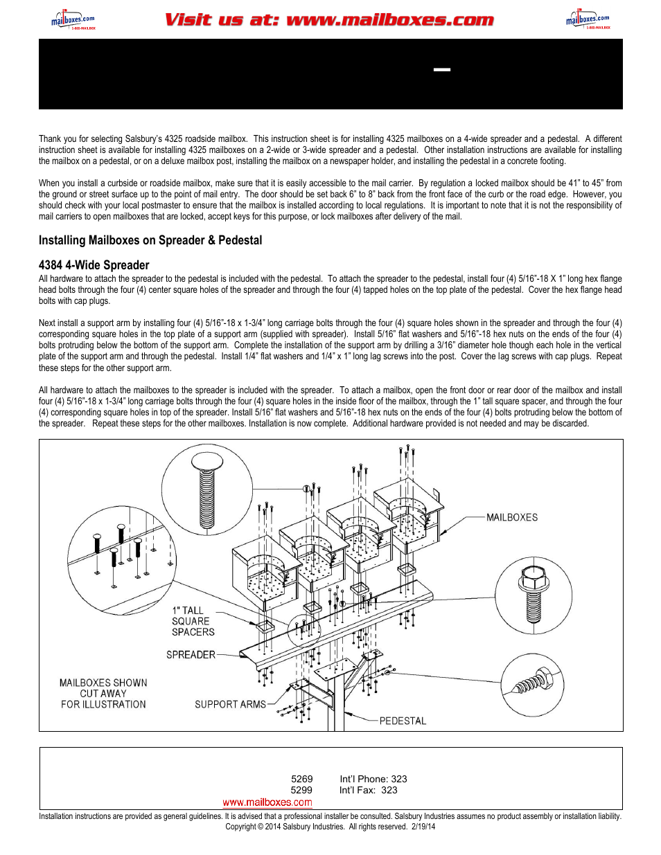 Salsbury Industries 4325 Roadside Mailboxes 4-Wide Spreader & Pedestal User Manual | 2 pages