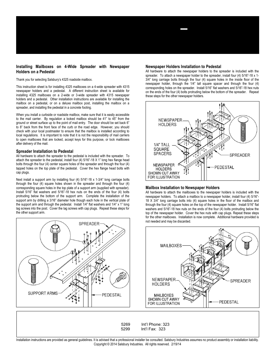 Roadside mailboxes – 4325, Salsbury industries | Salsbury Industries 4325 Roadside Mailboxes 4-Wide Spreader & Pedestal User Manual | Page 2 / 2