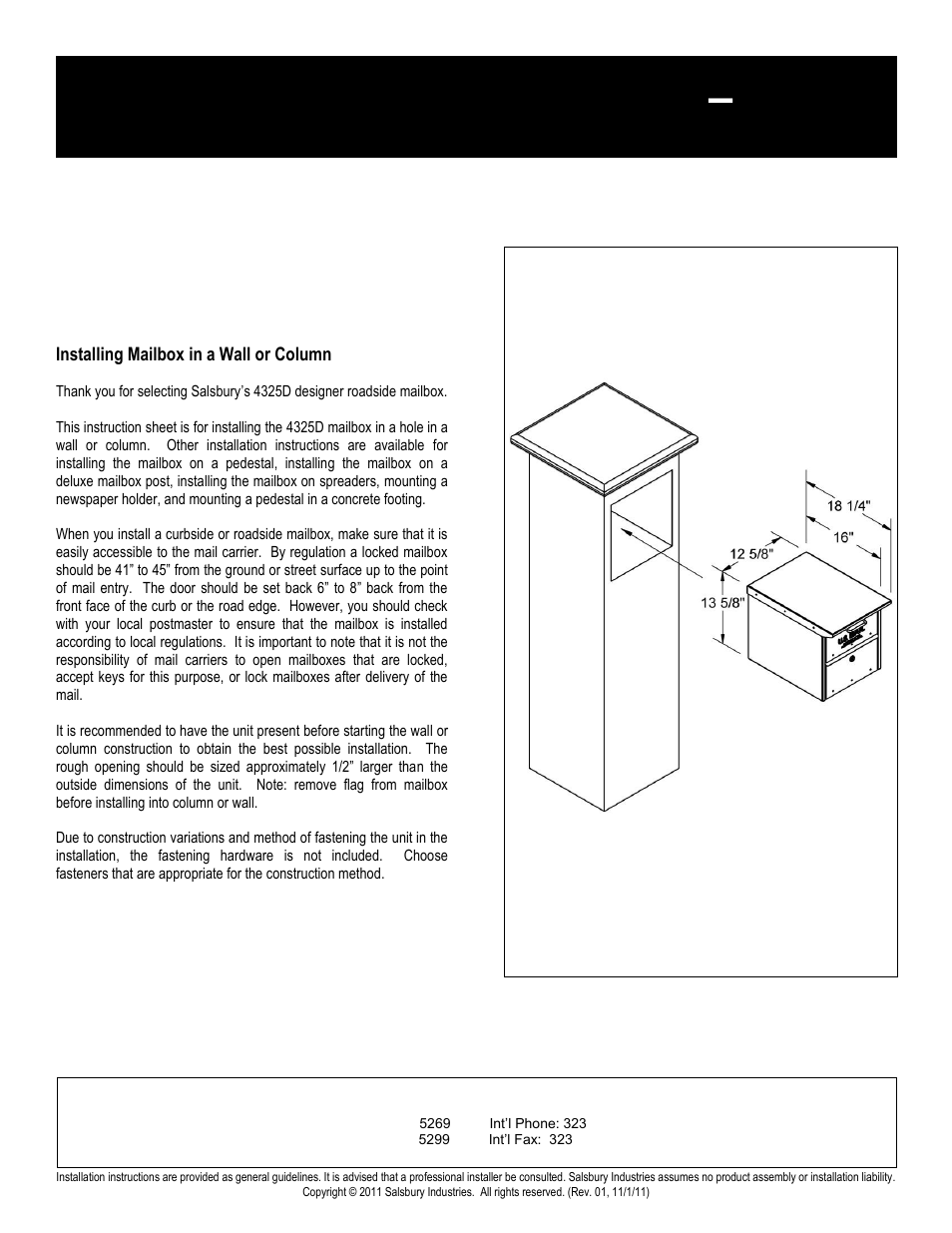 02_roadside02_4325d_wall_or_column_mounted_rev_01, Designer roadside mailboxes – 4325d, Wall or column mounted installation instructions | Salsbury Industries 4325D Designer Roadside Mailboxes Pedestal Mounted User Manual | Page 2 / 13