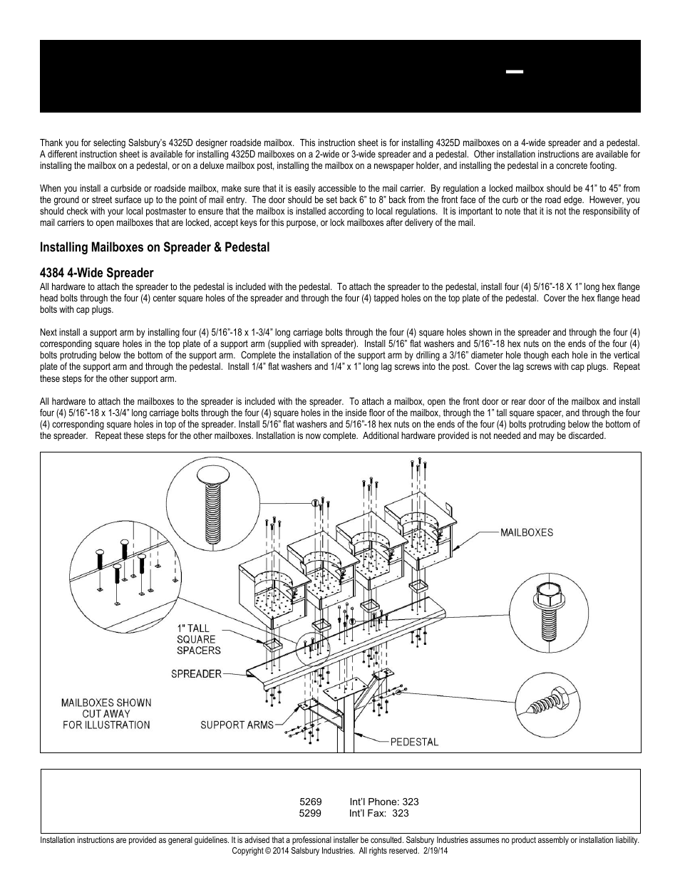 Designer roadside mailboxes – 4325d, Wide spreader & pedestal installation instructions | Salsbury Industries 4325D Designer Roadside Mailboxes Pedestal Mounted User Manual | Page 7 / 13