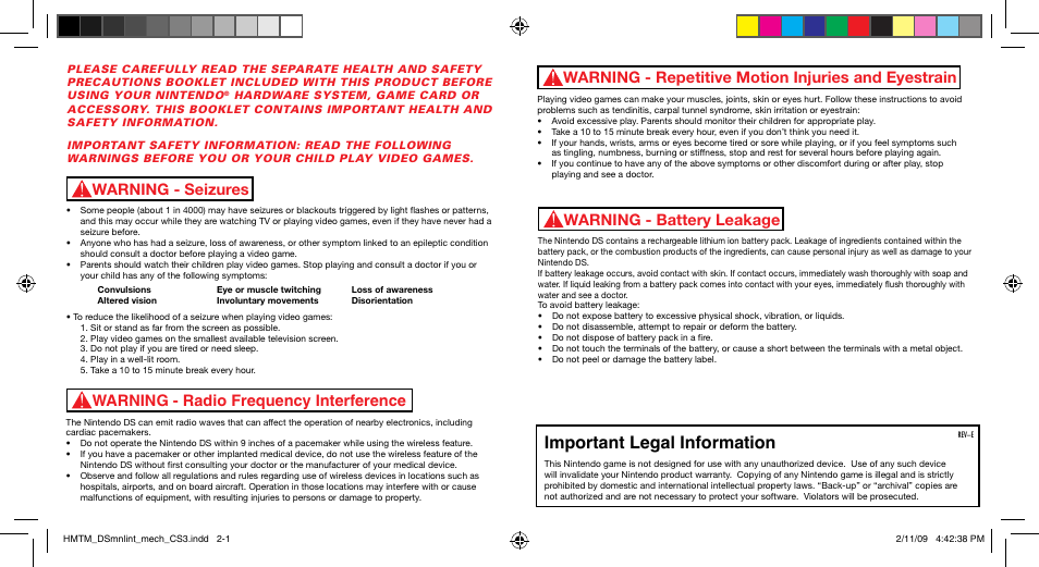 Page 1 inside front cover, Important legal information, Warning - repetitive motion injuries and eyestrain | Warning - seizures | Disney Interactive Studios NTR-CI7E-USA User Manual | Page 2 / 7