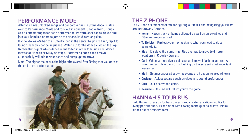 Performance mode, The z-phone, Hannah’s tour bus | Disney Interactive Studios NTR-CI7E-USA User Manual | Page 6 / 7