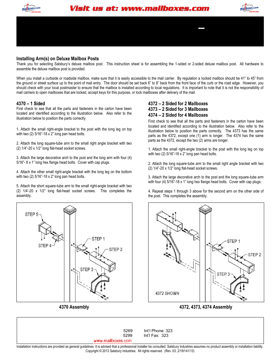 Salsbury Industries 4325D Designer Roadside Mailboxes Deluxe Mailbox Post User Manual | 2 pages