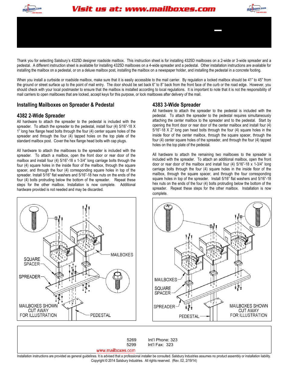 Salsbury Industries 4325D Designer Roadside Mailboxes 2-Wide and 3-Wide Spreader & Pedestal User Manual | 2 pages