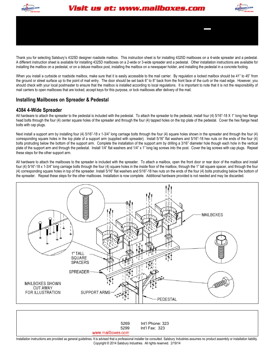 Salsbury Industries 4325D Designer Roadside Mailboxes 4-Wide Spreader & Pedestal User Manual | 2 pages
