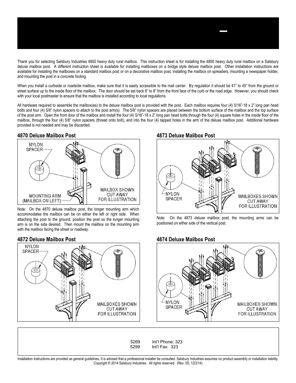 03_rural03_4850_deluxe_post_rev_05, Heavy duty rural mailboxes – 4850, Deluxe mailbox post installation instructions | Salsbury Industries 4850 Heavy Duty Rural Mailboxes Standard Mailbox Post User Manual | Page 3 / 16