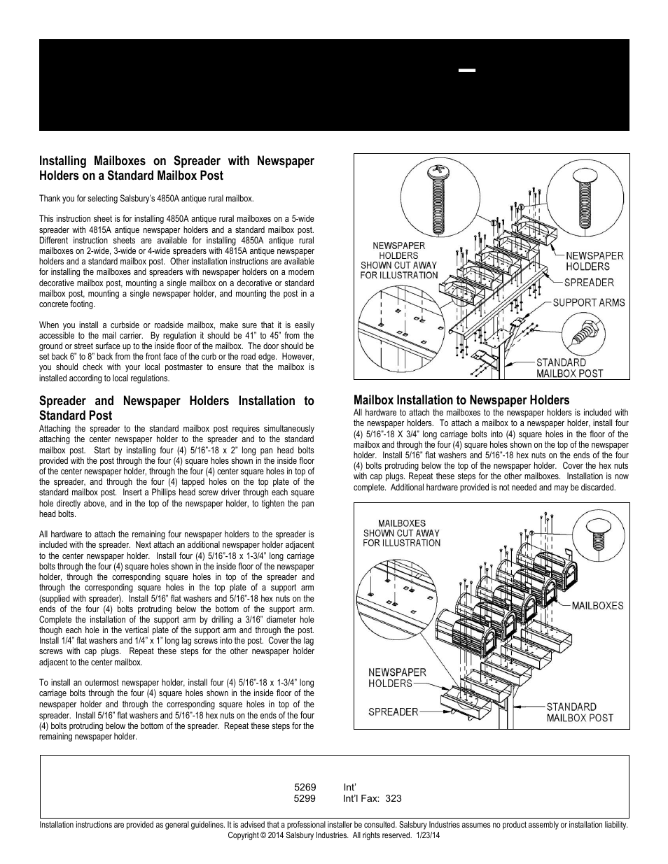 Antique rural mailboxes – 4850a, Salsbury industries, Mailbox installation to newspaper holders | Salsbury Industries 4850A Antique Rural Mailboxes Standard Mailbox Post User Manual | Page 12 / 16