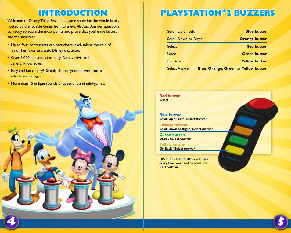 Playstation, 2 buzzers, Introduction | Disney Interactive Studios Think Fast: The Ultimate Trivia Showdown for PlayStation 2 User Manual | Page 4 / 7