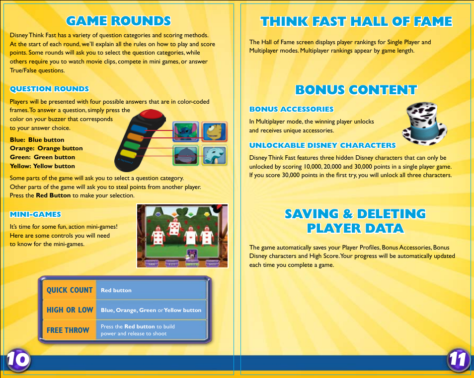 Think fast hall of fame, Bonus content saving & deleting player data, Game rounds | Disney Interactive Studios Think Fast: The Ultimate Trivia Showdown for PlayStation 2 User Manual | Page 7 / 7