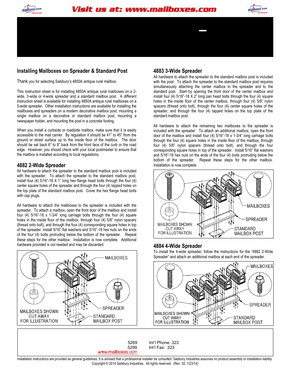 Salsbury Industries 4850A Antique Rural Mailboxes 2-Wide, 3-Wide and 4-Wide Spreader & Standard Mailbox Post User Manual | 8 pages