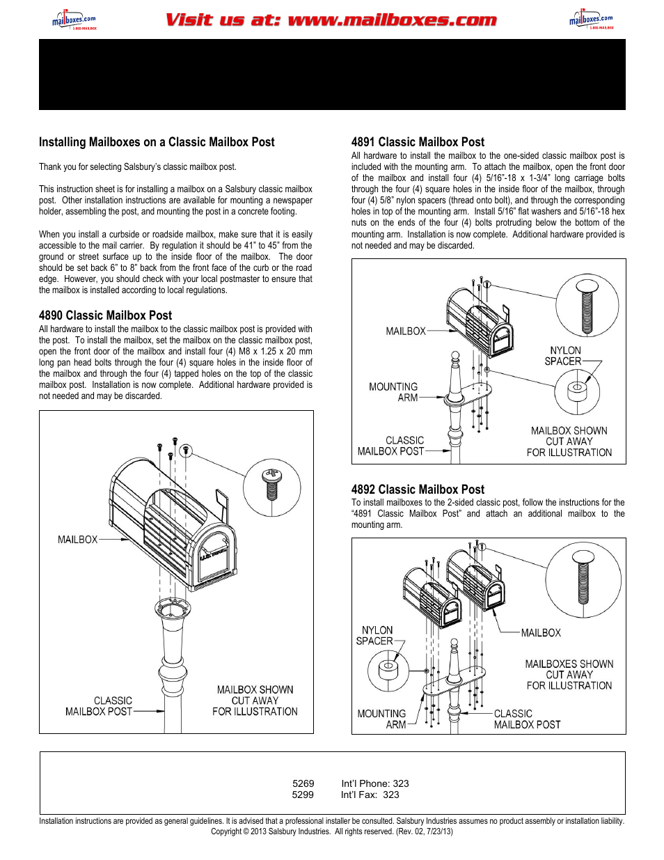 Salsbury Industries 4890 Series Classic Mailbox Posts User Manual | 6 pages