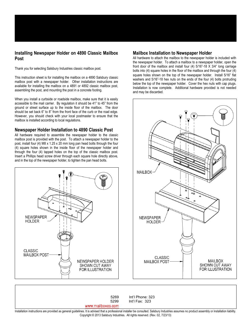 Classic mailbox post - 4890, Newspaper holder installation instructions | Salsbury Industries 4890 Series Classic Mailbox Posts User Manual | Page 2 / 6