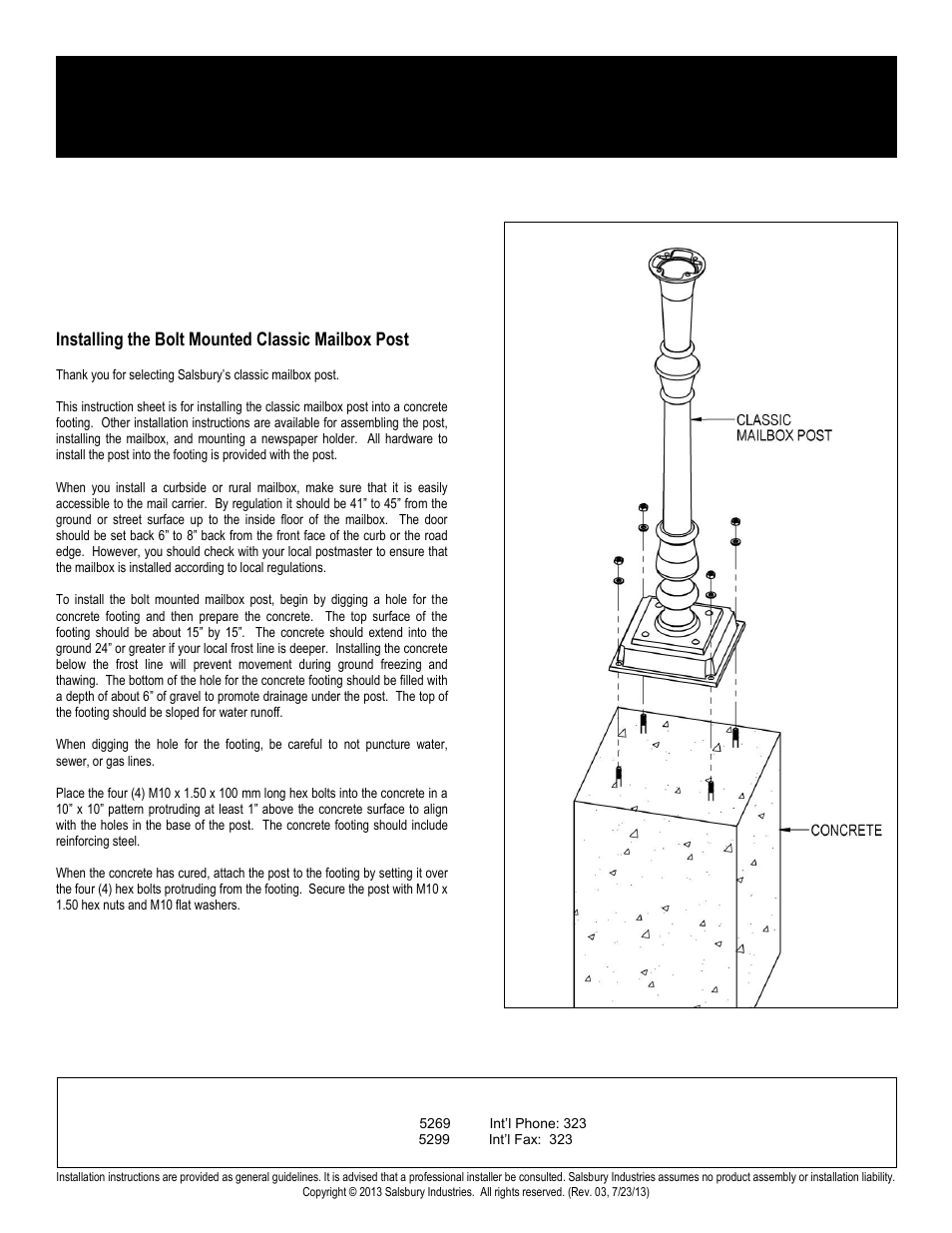 06_classic06_4890_boltpost_rev_03, Classic mailbox post, Bolt mounted post installation instructions | Salsbury Industries 4890 Series Classic Mailbox Posts User Manual | Page 6 / 6