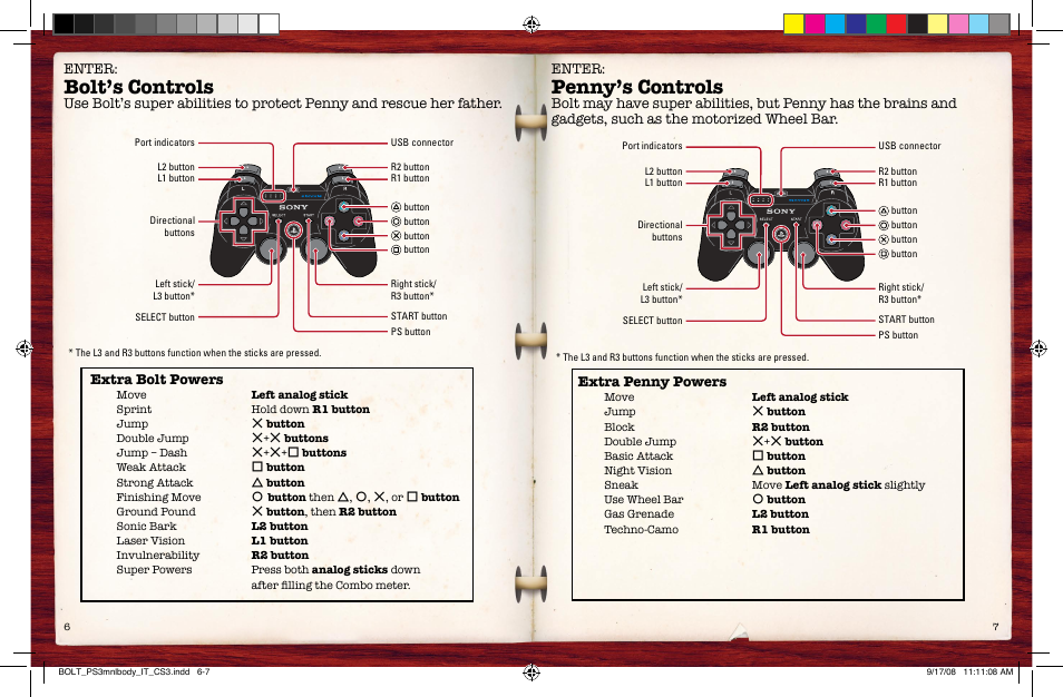 Bolt’s controls, Penny’s controls, Enter | Getting started saved data for playstation, 3 format software, Playstation, 3 system front getting started, Starting a game, Quitting a game | Disney Interactive Studios Walt Disney Pictures Bolt 332 User Manual | Page 5 / 7