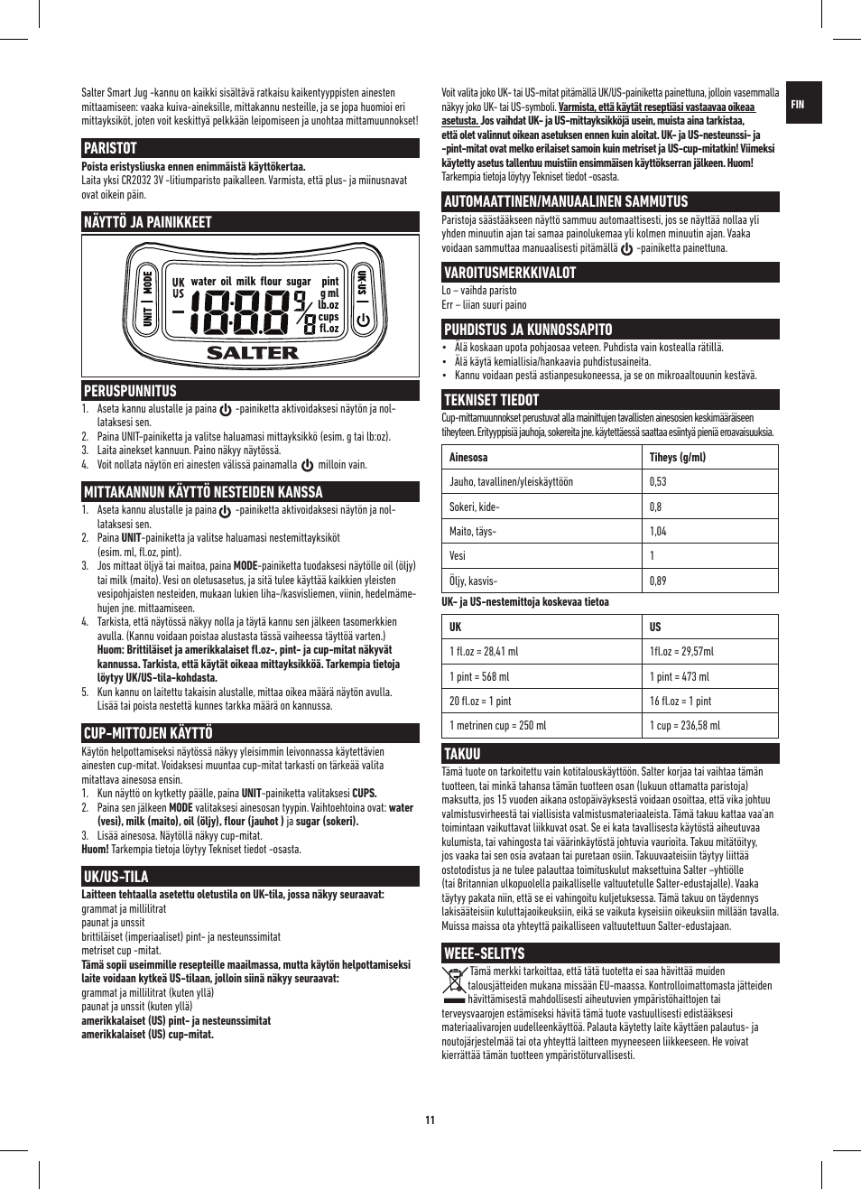 Paristot, Näyttö ja painikkeet, Peruspunnitus | Mittakannun käyttö nesteiden kanssa, Cup-mittojen käyttö, Uk/us-tila, Automaattinen/manuaalinen sammutus, Varoitusmerkkivalot, Puhdistus ja kunnossapito, Tekniset tiedot | Salter 1086 WHDR Digital Smart Jug Electronic Measuring Jug & Scale User Manual | Page 11 / 20