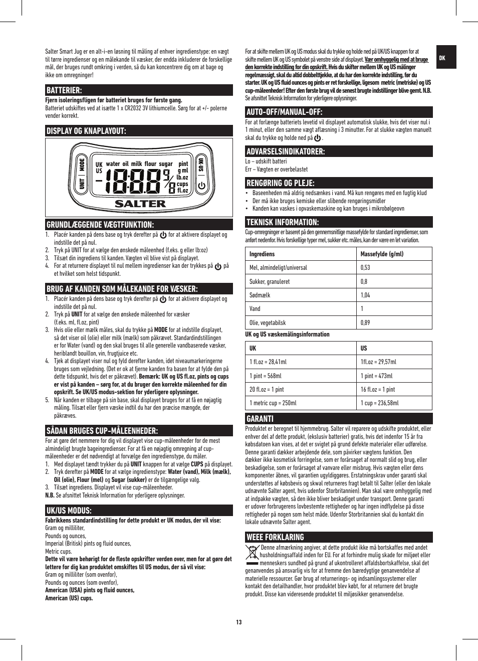 Batterier, Display og knaplayout, Grundlæggende vægtfunktion | Brug af kanden som målekande for væsker, Sådan bruges cup-måleenheder, Uk/us modus, Auto-off/manual-off, Advarselsindikatorer, Rengøring og pleje, Teknisk information | Salter 1086 WHDR Digital Smart Jug Electronic Measuring Jug & Scale User Manual | Page 13 / 20