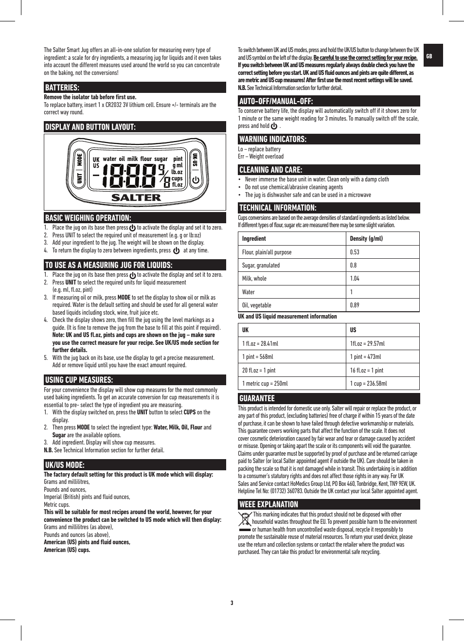 Batteries, Display and button layout, Basic weighing operation | Using cup measures, Uk/us mode, Auto-off/manual-off, Warning indicators, Cleaning and care, Technical information, Guarantee | Salter 1086 WHDR Digital Smart Jug Electronic Measuring Jug & Scale User Manual | Page 3 / 20