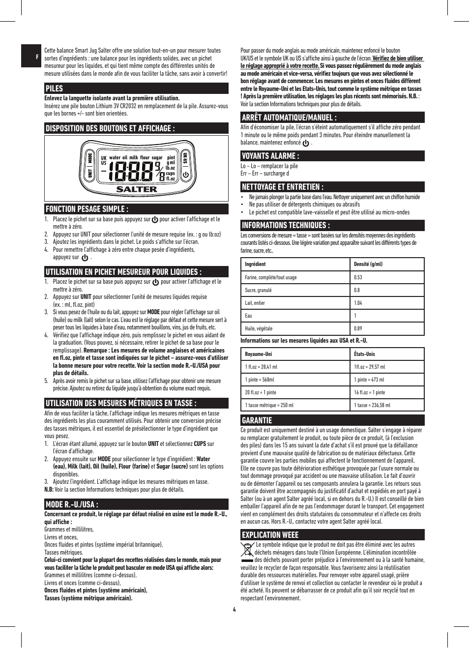 Piles, Disposition des boutons et affichage, Fonction pesage simple | Utilisation en pichet mesureur pour liquides, Utilisation des mesures métriques en tasse, Mode r.-u./usa, Arrêt automatique/manuel, Voyants alarme, Nettoyage et entretien, Informations techniques | Salter 1086 WHDR Digital Smart Jug Electronic Measuring Jug & Scale User Manual | Page 4 / 20