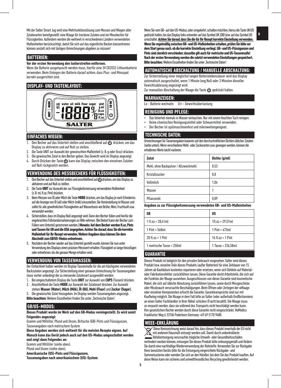 Batterien, Display- und tastenlayout, Einfaches wiegen | Verwendung des messbechers für flüssigkeiten, Verwendung von tassenmassen, Gb/us-modus, Automatische abschaltung / manuelle abschaltung, Warnanzeigen, Reinigung und pflege, Technische daten | Salter 1086 WHDR Digital Smart Jug Electronic Measuring Jug & Scale User Manual | Page 5 / 20