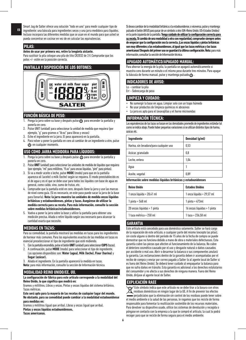 Pilas, Pantalla y disposición de los botones, Función básica de peso | Uso como jarra medidora para líquidos, Medidas en tazas, Modalidad reino unido/ee. uu, Apagado automático/apagado manual, Indicadores de aviso, Limpieza y cuidado, Información técnica | Salter 1086 WHDR Digital Smart Jug Electronic Measuring Jug & Scale User Manual | Page 6 / 20