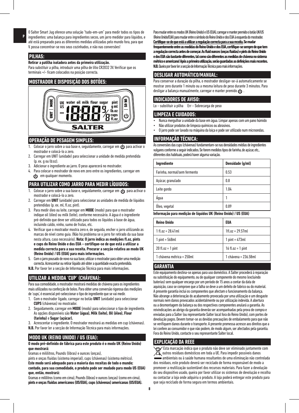 Pilhas, Mostrador e disposição dos botões, Operação de pesagem simples | Para utilizar como jarro para medir líquidos, Utilizar a medida ‘cup’ (chávena), Modo uk (reino unido) / us (eua), Desligar automático/manual, Indicadores de aviso, Limpeza e cuidados, Informação técnica | Salter 1086 WHDR Digital Smart Jug Electronic Measuring Jug & Scale User Manual | Page 8 / 20