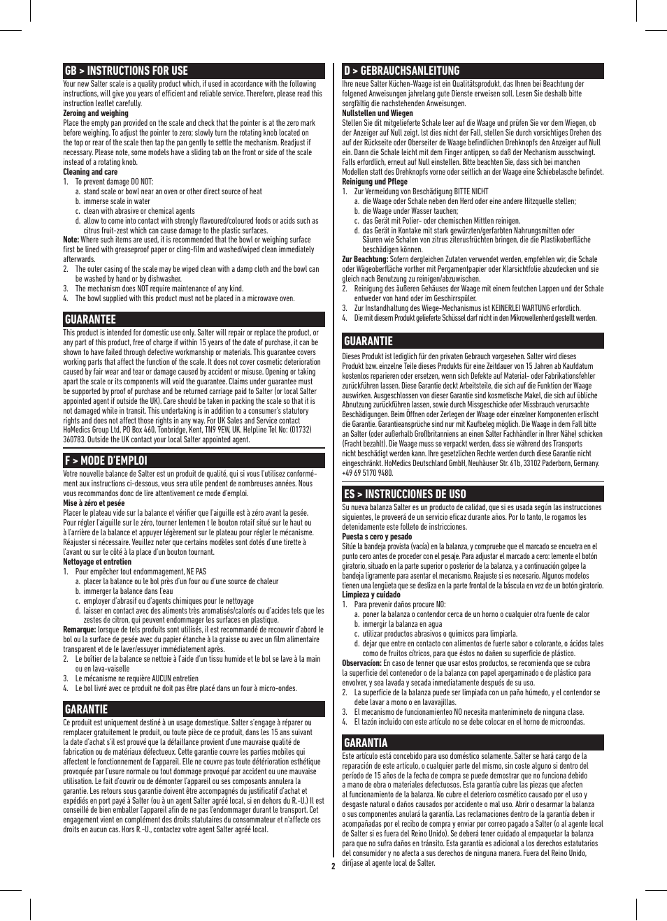 Gb > instructions for use, Guarantee, F > mode d’emploi | Garantie, D > gebrauchsanleitung, Guarantie, Es > instrucciones de uso, Garantia | Salter 800 WHBKDR Add & Weigh Baking Mechanical Kitchen Scale User Manual | Page 2 / 8