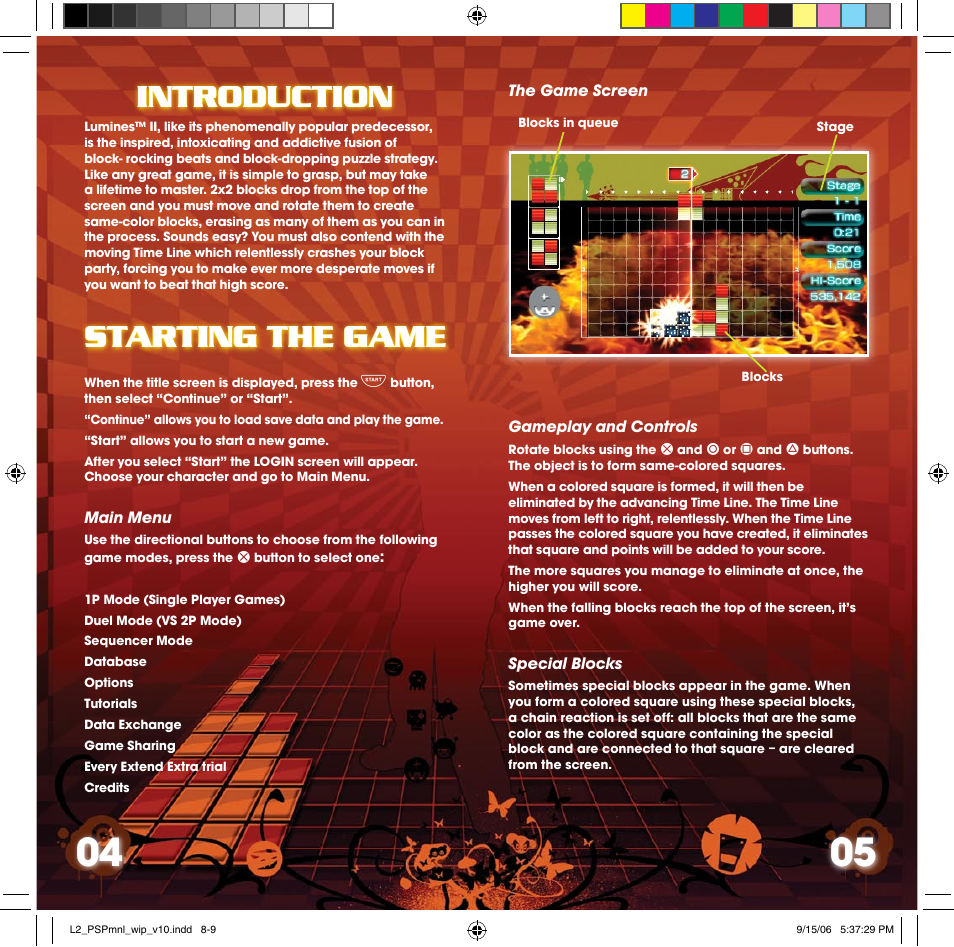 Introduction, Starting the game, Introduction starting the game | Disney Interactive Studios Lumines II for PSP User Manual | Page 4 / 9