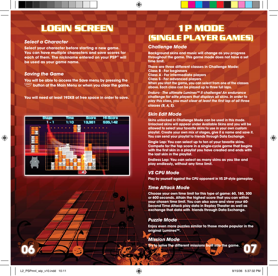 Login screen, Login screen 1p mode, Single | Player, Games) | Disney Interactive Studios Lumines II for PSP User Manual | Page 5 / 9