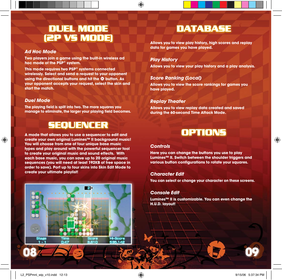 Duel mode (2p vs mode), Database, Options | Duel mode (2p vs mode) database sequencer options | Disney Interactive Studios Lumines II for PSP User Manual | Page 6 / 9