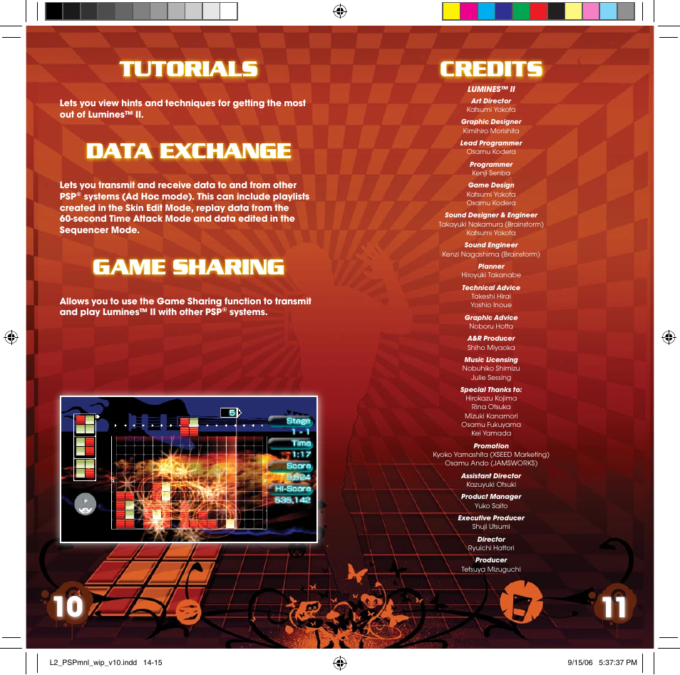 Tutorials, Data exchange, Game sharing | Tutorials data exchange game sharing, Credits | Disney Interactive Studios Lumines II for PSP User Manual | Page 7 / 9