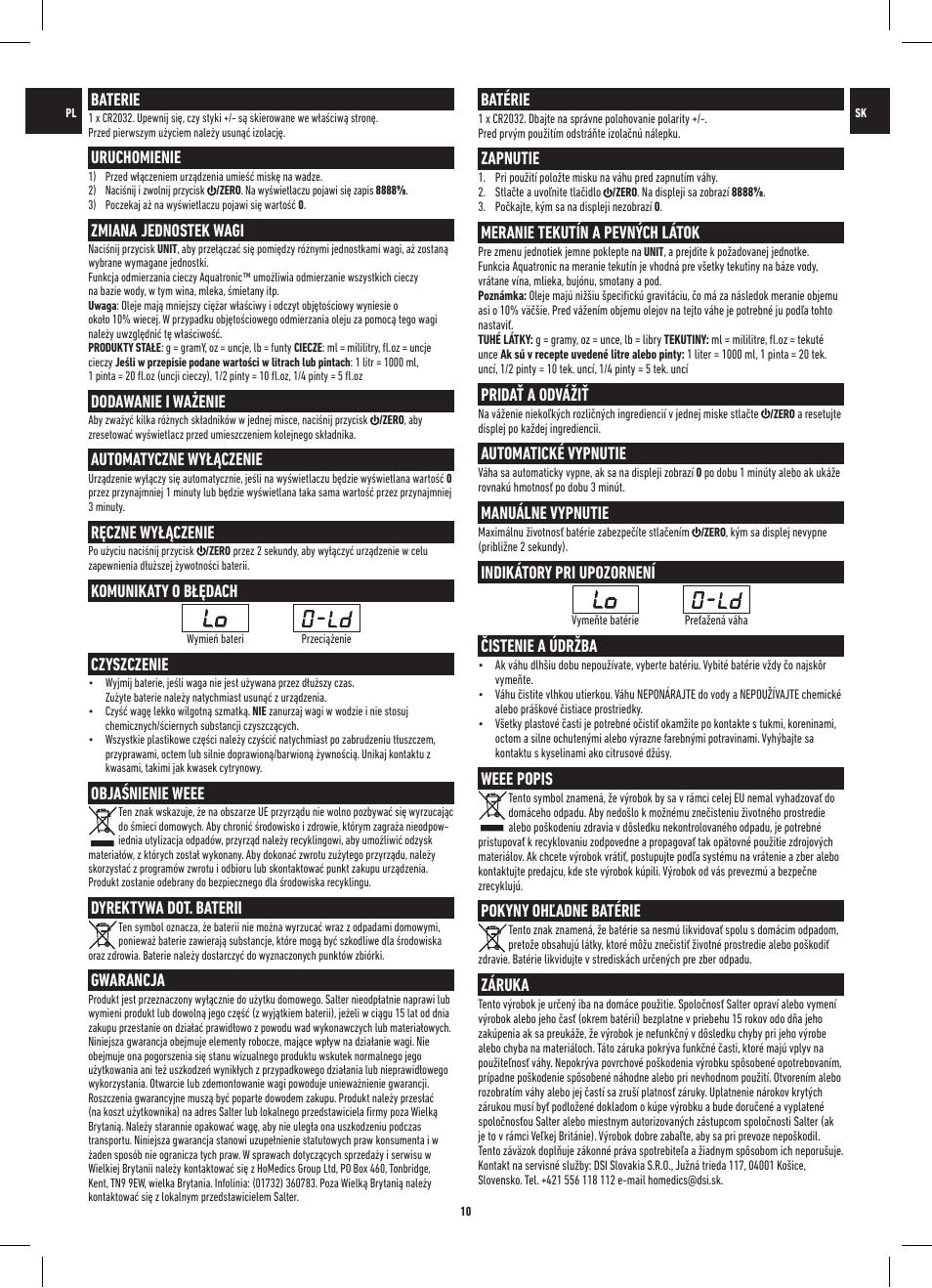 Baterie, Uruchomienie, Zmiana jednostek wagi | Dodawanie i ważenie, Automatyczne wyłączenie, Ręczne wyłączenie, Komunikaty o błędach, Czyszczenie, Objaśnienie weee, Dyrektywa dot. baterii | Salter 1102 BLDR Utensil Design Glass Electronic Kitchen Scale User Manual | Page 10 / 12